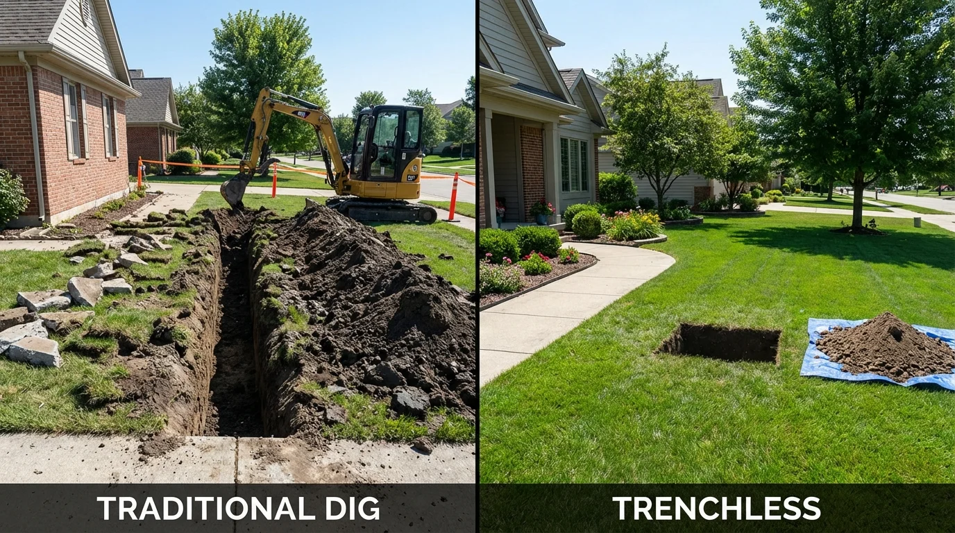 Trenchless sewer repair with minimal yard damage versus traditional excavation in Belfield, ND