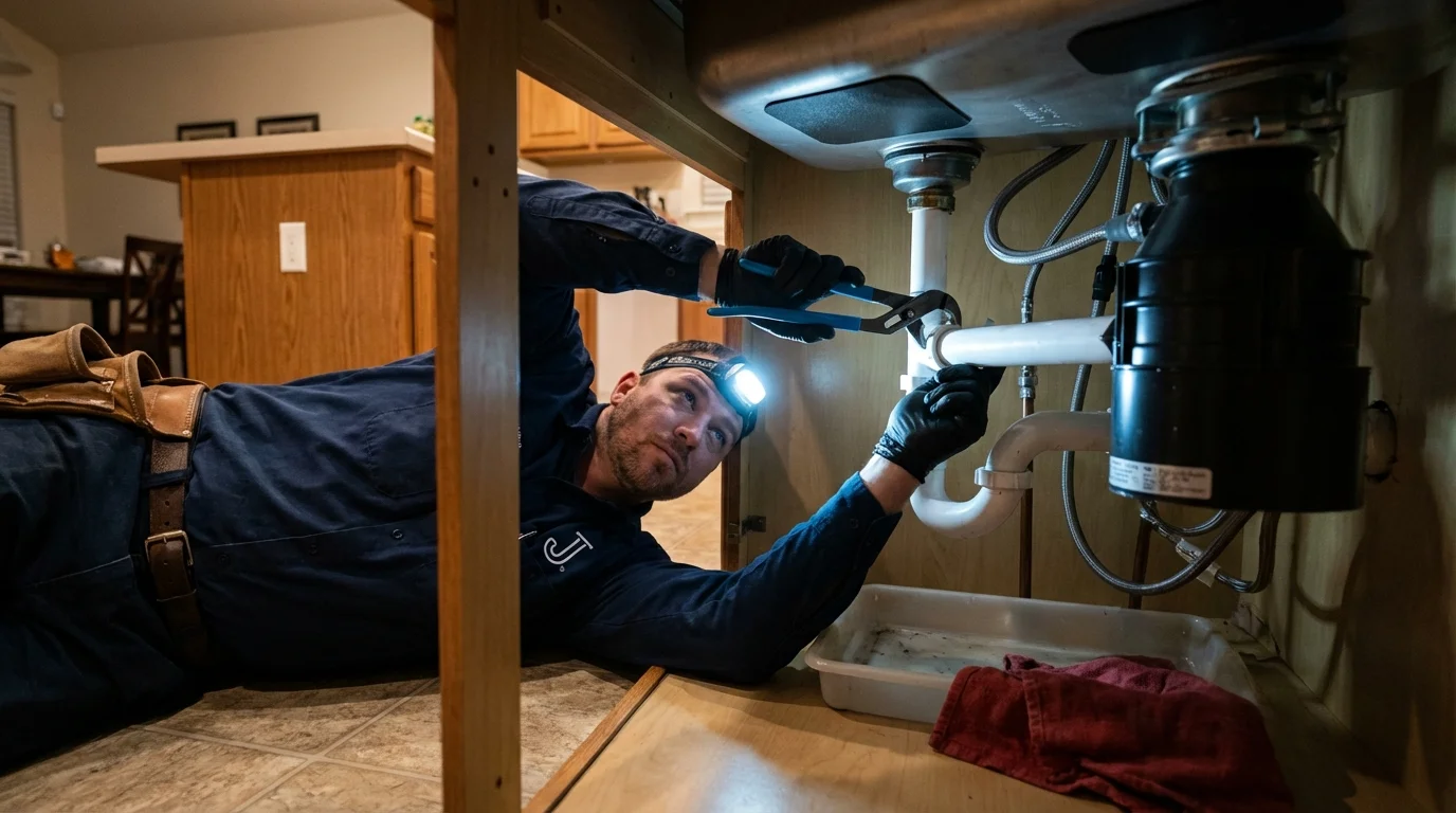 P-trap and supply line connections under a kitchen sink showing a common leak point in Belfield, ND